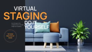 A modern room with a blue couch adorned with colorful throw pillows, a small round stool, and a potted plant. The text reads, "VIRTUAL STAGING DO IT YOURSELF. Auto Design is the simplest way to virtually stage your property when selling real estate. TRY NOW FREE FOR 1ST IMAGE.
