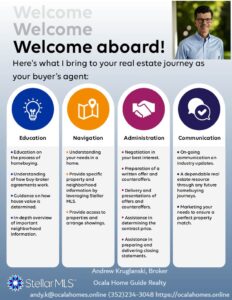 Welcome to our real estate agency! This flyer showcases the free services provided by Andrew Kruglanski, Broker at Ocala Home Gallery. He offers Education, Navigation, Administration, and Communication support. Contact details for Andrew and the Stellar MLS logo are included for your convenience.