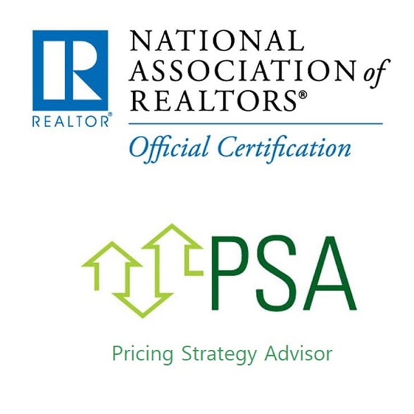 Logo of the National Association of Realtors with "Official Certification" text. Below is the PSA logo with three upward-facing arrows and the text "Pricing Strategy Advisor" that was awarded to our broker.