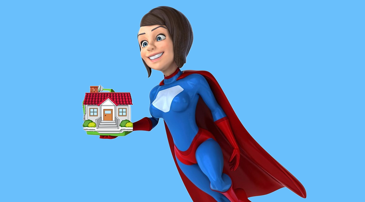 Timing buying a home is a risky business. Superhero cartoon character holding a small house, representing real estate security and protection.